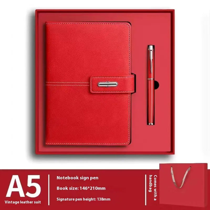 A5 notebook with imitation leather cover in a selection of colours including red, black, green, blue, and orange.