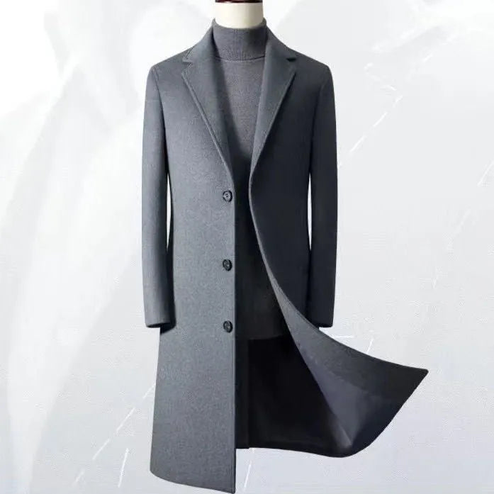 Men's slim fit wool trench coat in black, Korean business style, front view