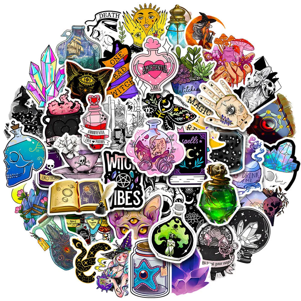 A pack of 50 colourful waterproof PVC graffiti stickers in various sizes from 3cm to 8cm.
