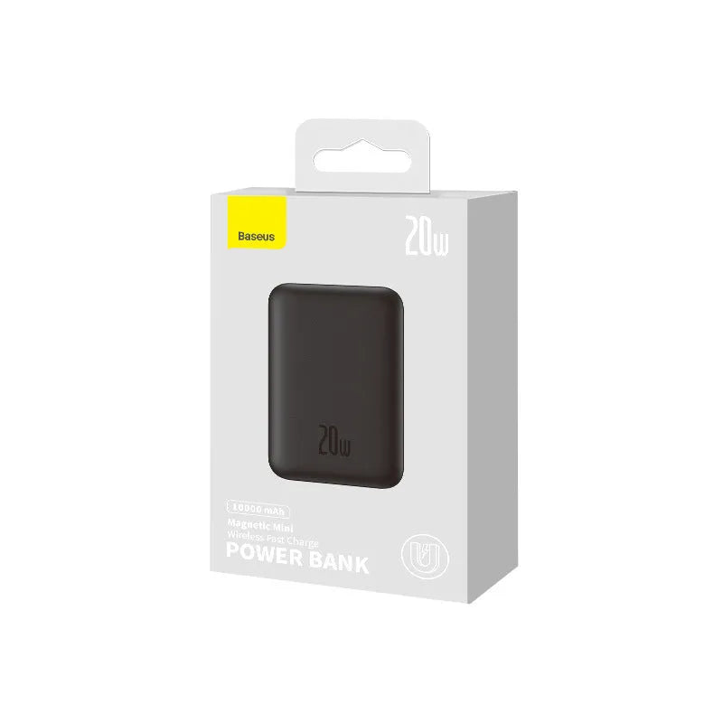 Magnetic wireless fast charging power bank in black, white, blue, pink, or purple with silicone non-slip shell.