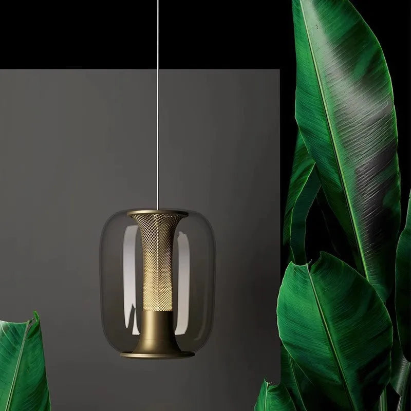 Nordic minimalist glass chandelier pendant light in clear, cognac, or smoky grey colour options