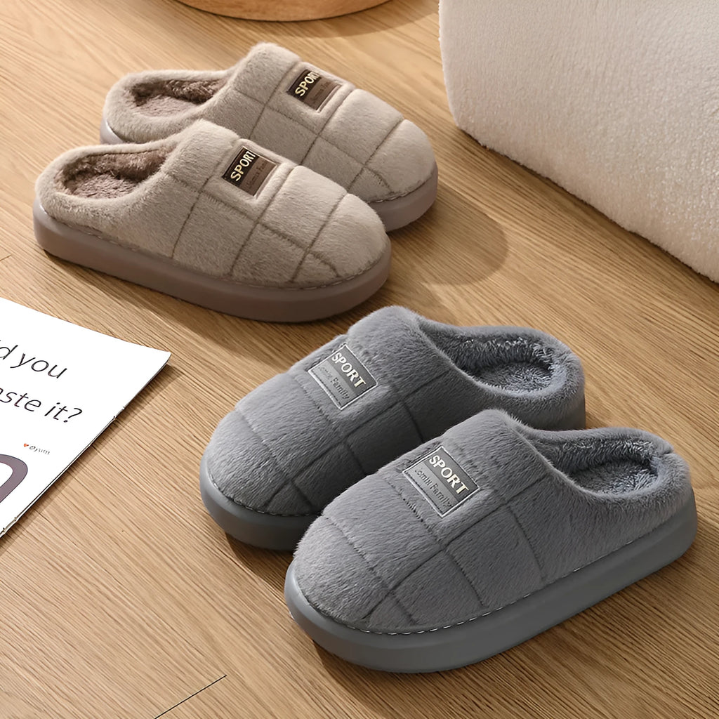 Grey and brown plaid men's winter slippers with thick sole and wool lining.