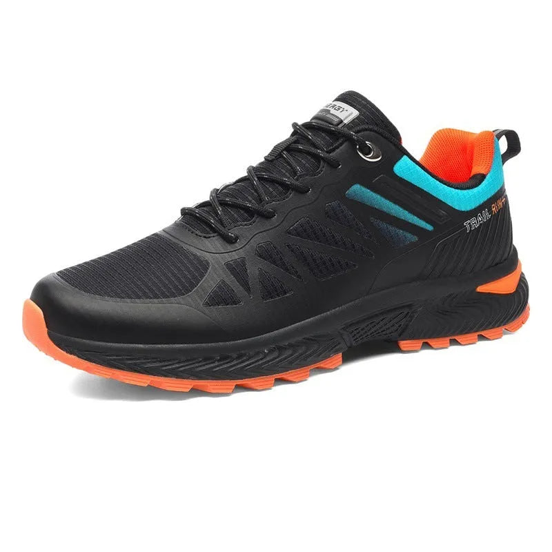 Men's black and orange breathable mesh running shoes with rubber sole on a white background.