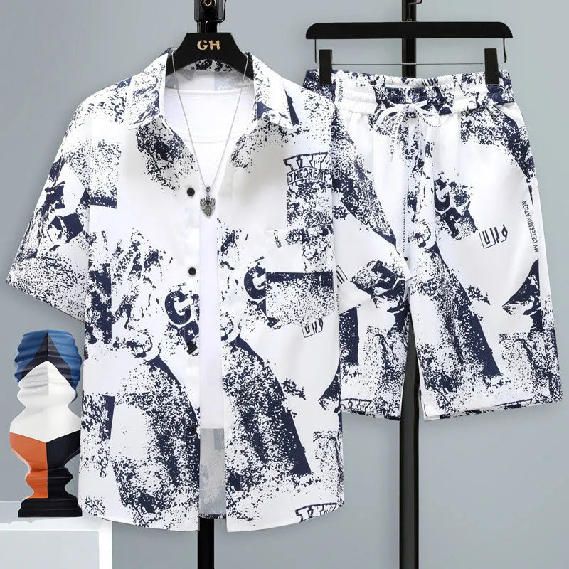 Men's casual sports shorts two-piece set in lightweight polyester, showing short sleeve top and matching shorts.