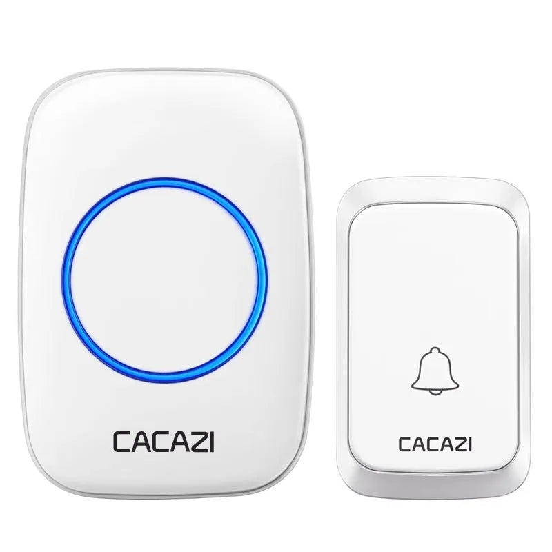 Black wireless doorbell transmitter and white receiver with battery-powered DC operation and 300-metre range