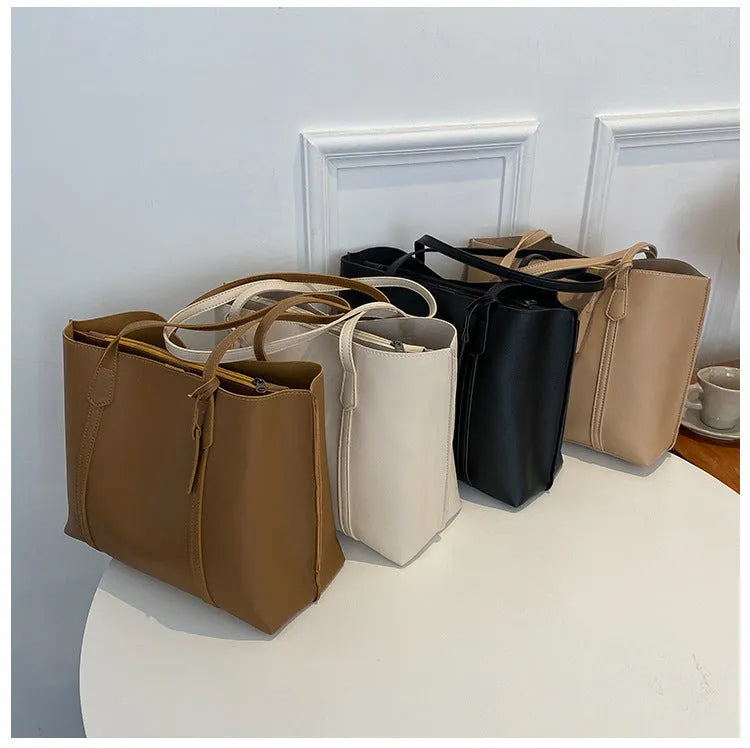 Large capacity soft leather tote bag in beige with synthetic leather lining and double shoulder straps