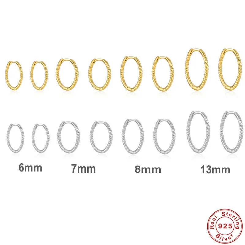 Sterling silver twisted round ring earrings in gold or white gold finish, shown in 6mm, 7mm, 8mm, and 13mm sizes.