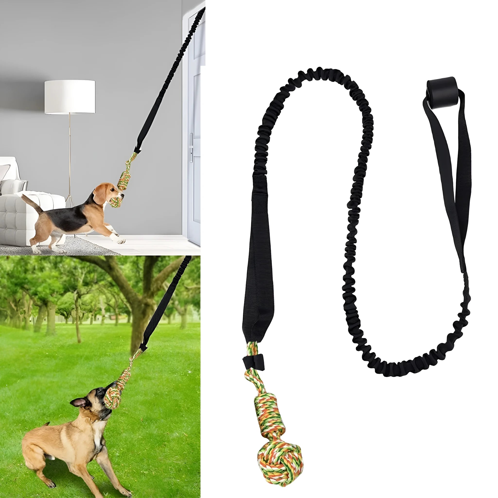 A black, grey, or red cotton rope dog tug of war toy for interactive play.