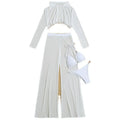 White women's four-piece swimsuit set showing top, high-waist trousers, bra, and panties arranged flat