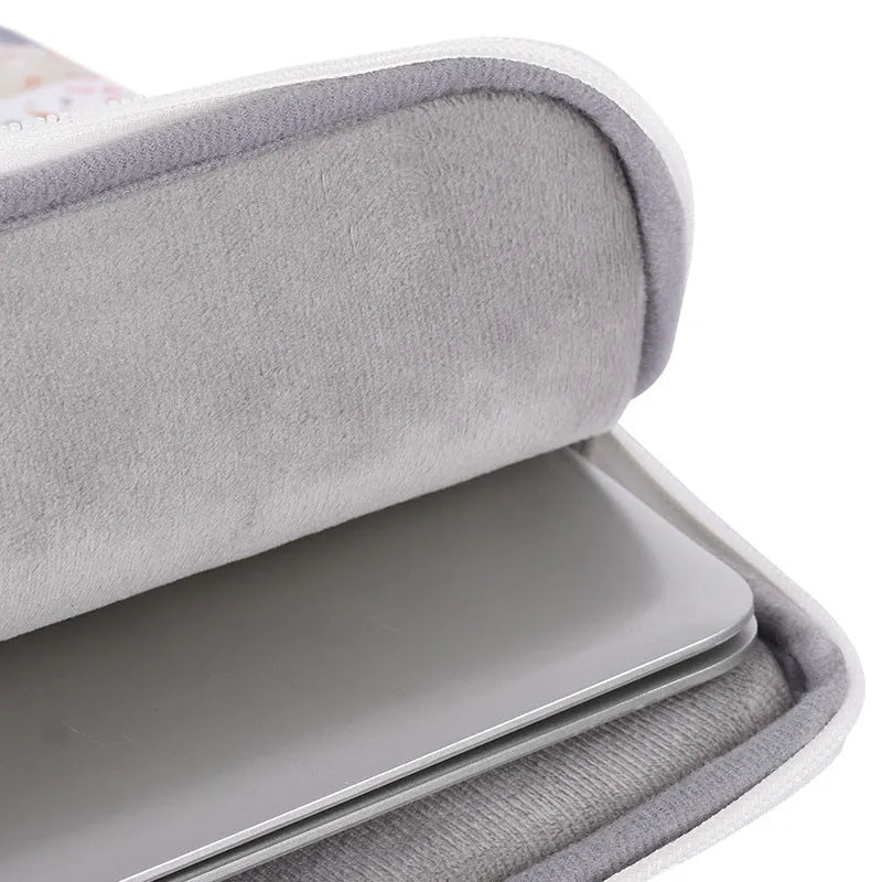 White PU leather waterproof laptop inner bag showing multiple size options from 11 to 15 inches