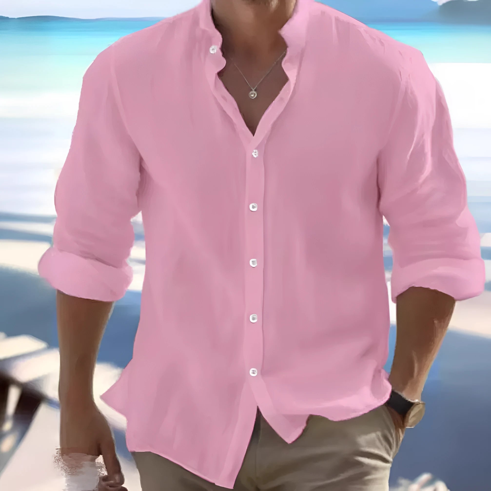 Men's long-staple cotton pullover shirt with collage stitching in light blue colour
