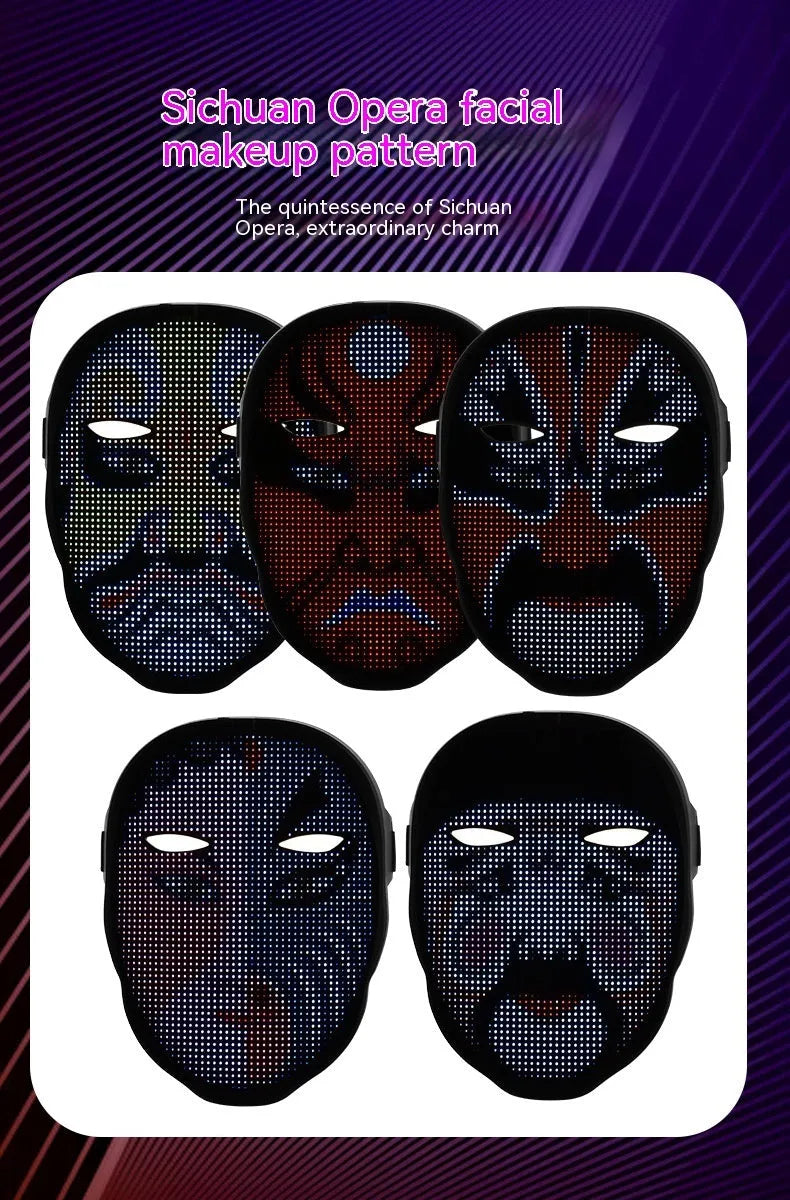 LED luminous face mask with full colour display showing character design, featuring gesture control sensor and comfortable silicone interior