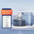 White automatic cat water fountain with 3-litre tank and rechargeable battery on a wooden floor.
