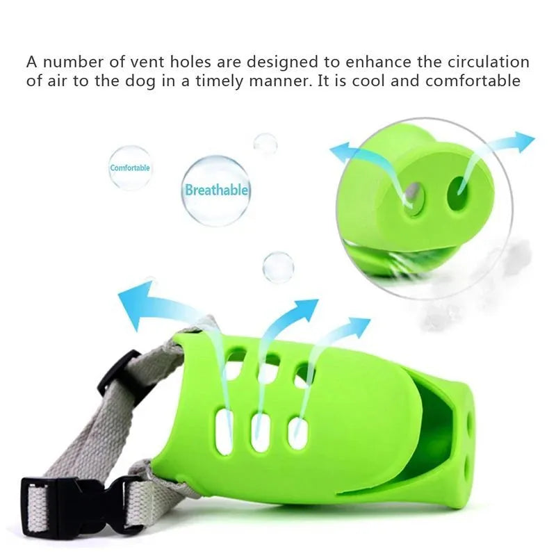 Blue and green silicone dog anti-bite mouth covers shown in large and small sizes.