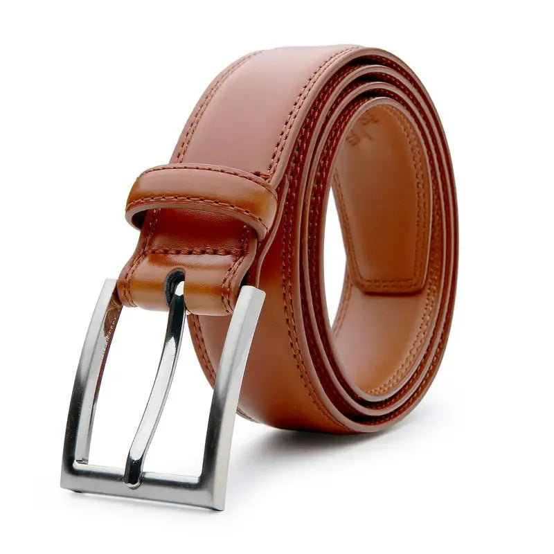 Men's brown genuine leather belt with wild 95 pattern and silver alloy buckle laid flat.