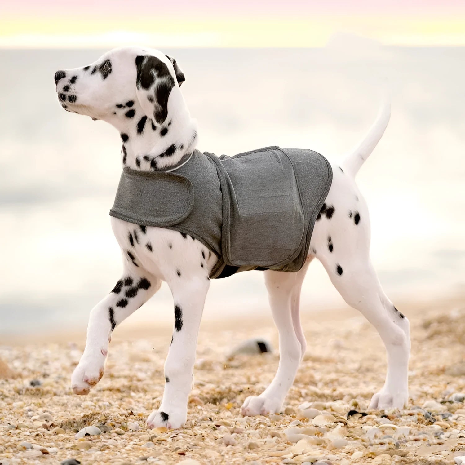 Heather Gray dog anxiety jacket and warm vest for small to extra large dogs.