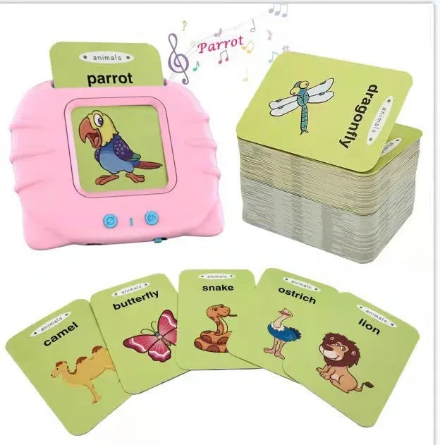 Blue children's English learning machine with audio cards showing dimensions 18cm long × 9.7cm wide