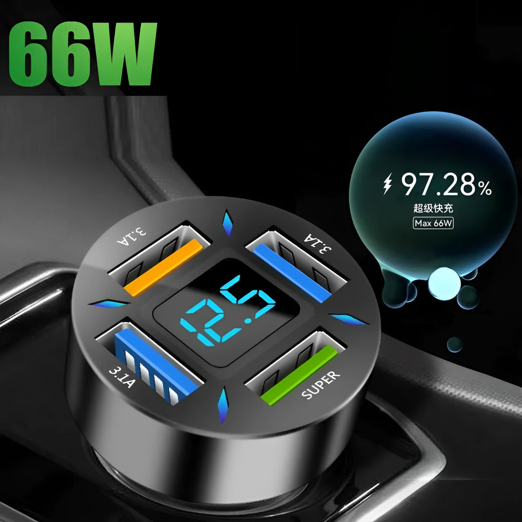 Four-port USB car charger with digital display showing output, compact black design