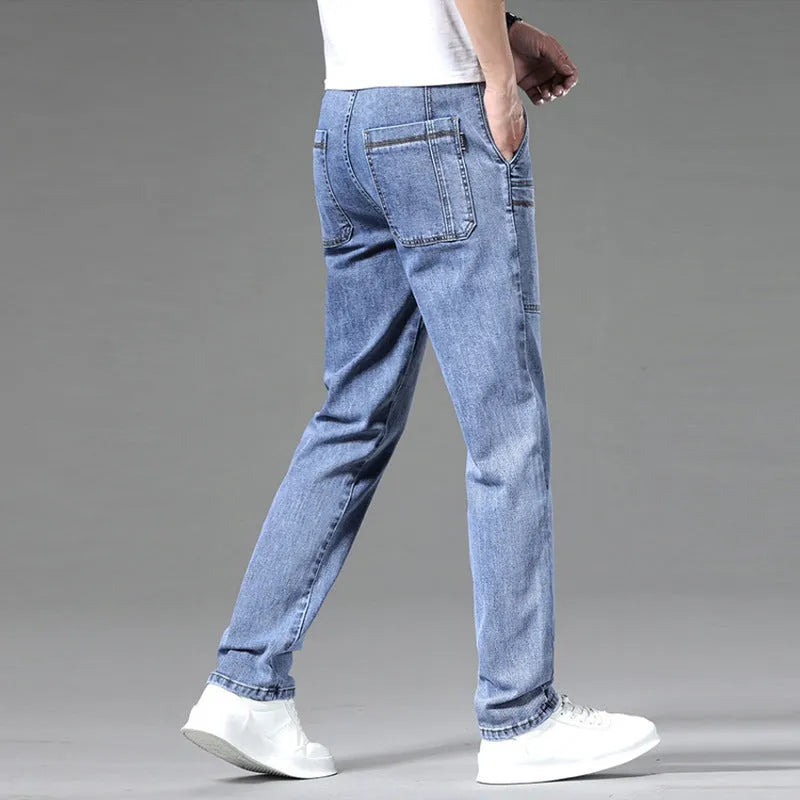 Men's straight-leg multi-pocket denim jeans in black, dark blue, and light blue colours, sizes 28 to 38