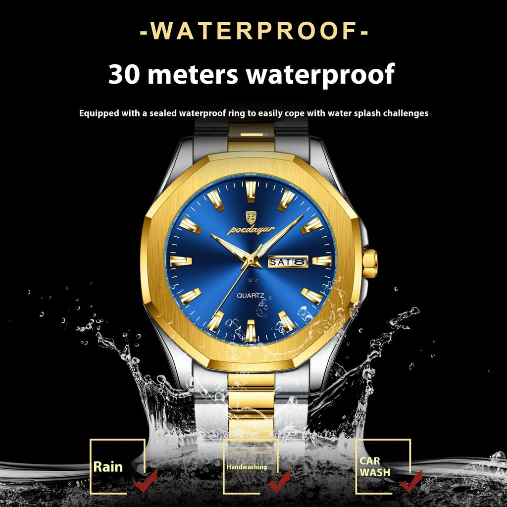 Men's slim stainless steel quartz watch on wrist showing gold and blue colour variant.
