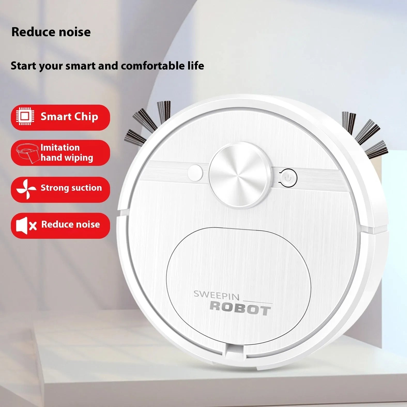 Black and white three-in-one robot vacuum cleaner with USB charging cable and cleaning accessories