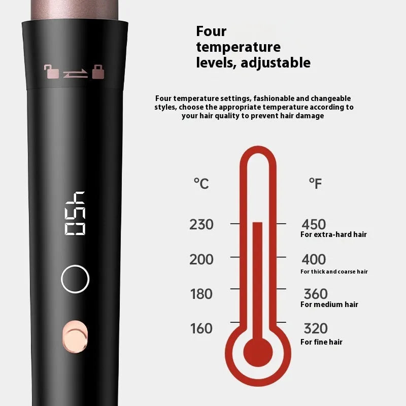 Rose gold five-in-one hair curler with LCD screen and tube replacement technology.