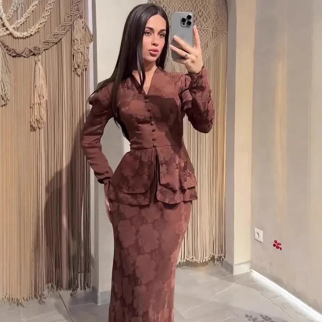 Dark brown artistic retro dress with plant pattern, long sleeves, and a fake two-piece design.