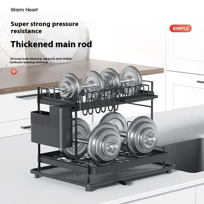 White double-layer kitchen storage rack with carbon steel construction and draining base