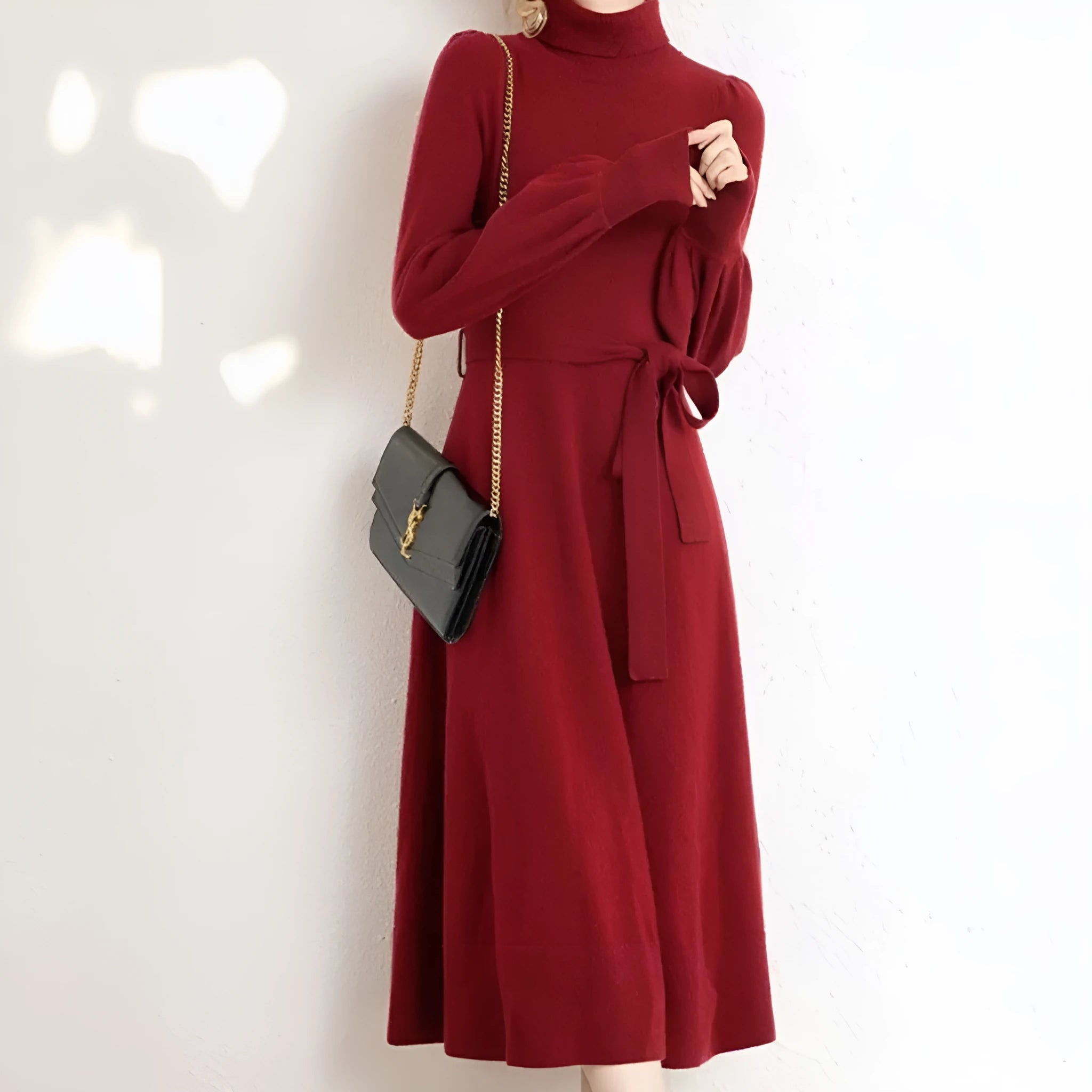 Ladies solid colour knit midi dress with turtleneck and elastic waist in rose red.