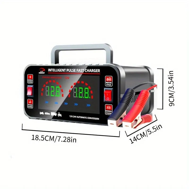 Black full-automatic intelligence battery charger for lead acid motorcycle and car batteries with plug options