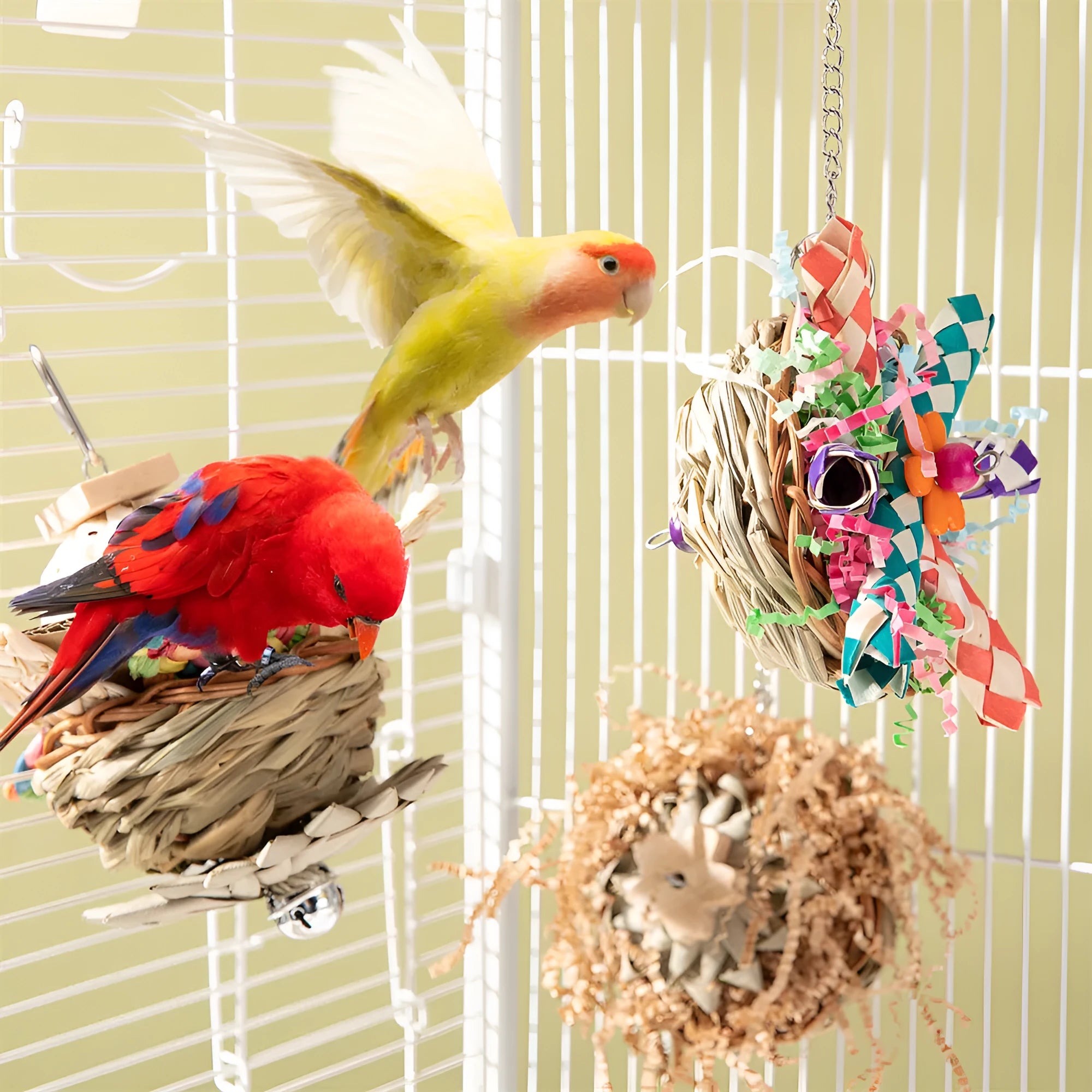 Parrot gnawing molar toy with wooden chewing pieces and plastic components for bird enrichment