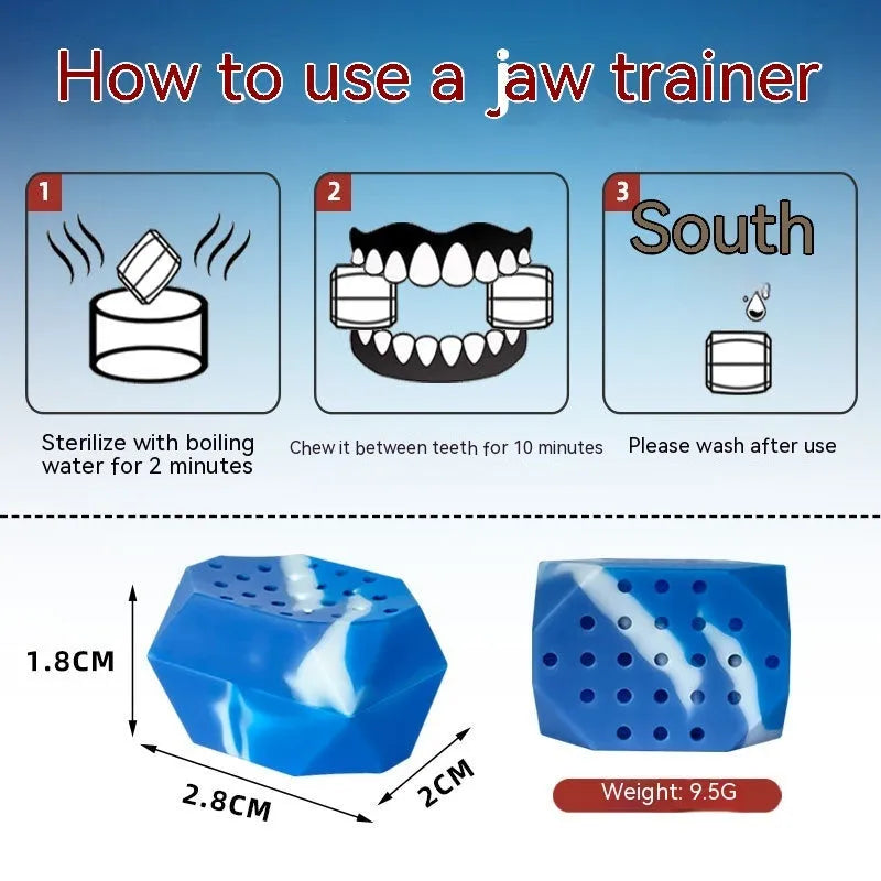 Two silicone camouflage-style facial muscle fitness balls for jaw training in transparent boxes.