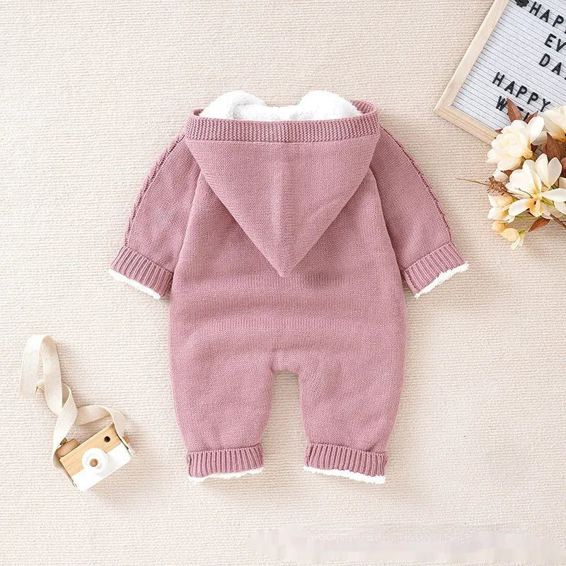 Baby winter thickened knitting jumpsuit romper in pink, long climbing style, size 62cm to 86cm