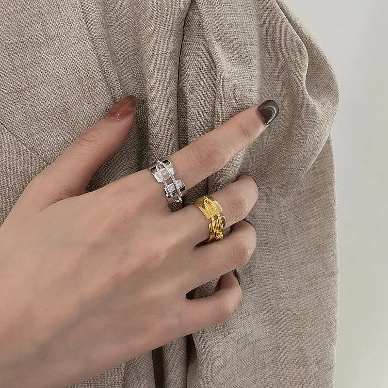 S925 sterling silver cold style irregular geometric ring with adjustable opening, yellow gold finish, round element