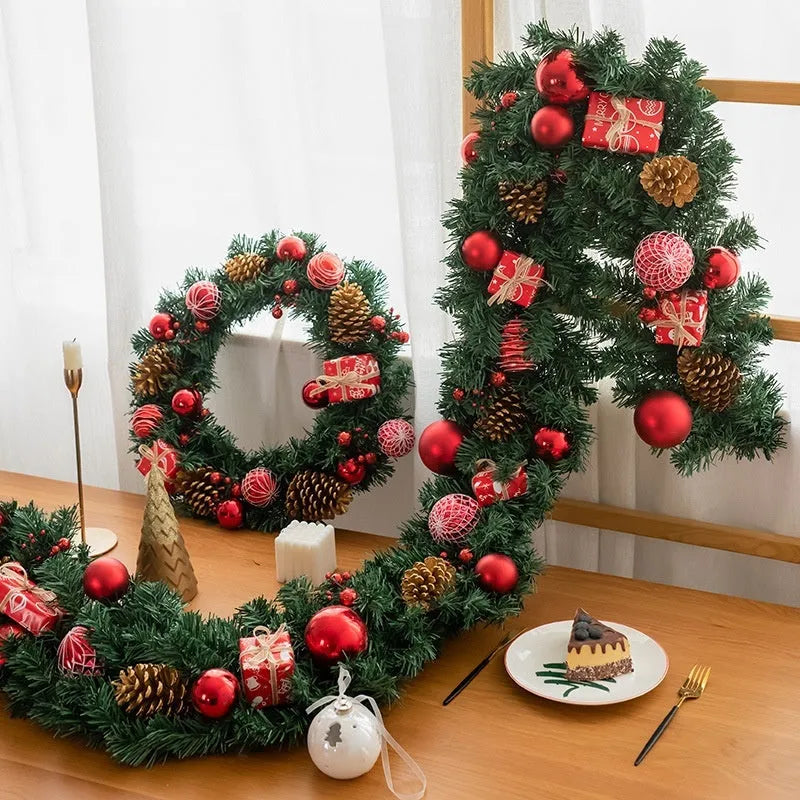 PVC Christmas door hanging wreath with red gift bag design and vine rattan details, 35cm diameter