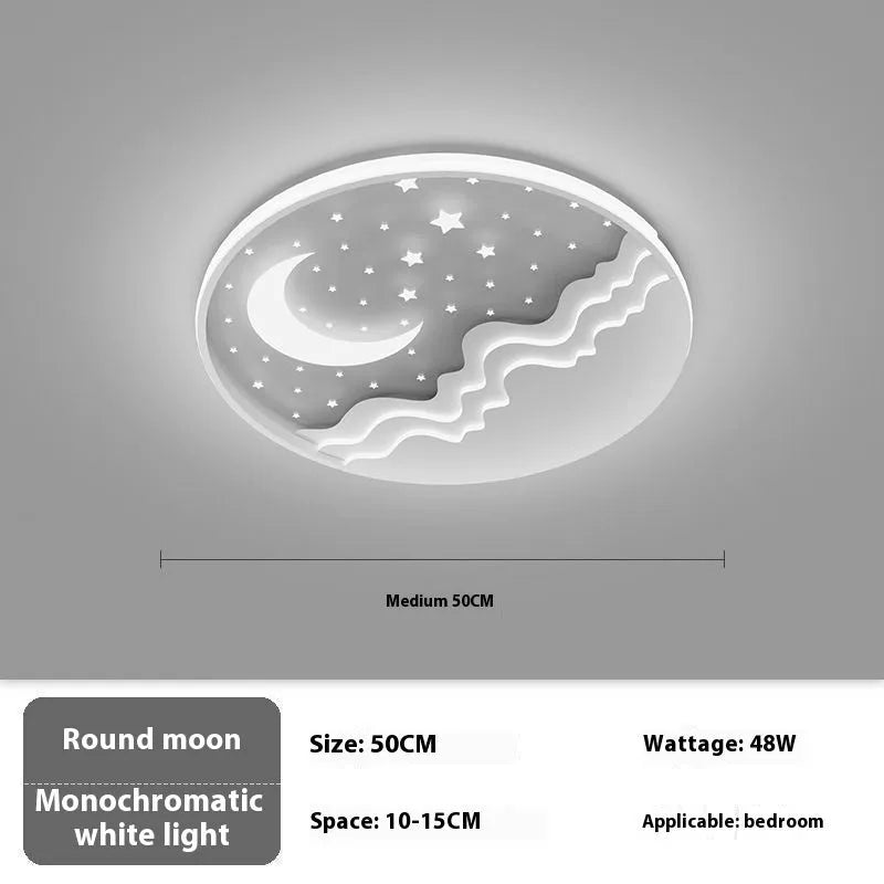 Moon-shaped romantic ceiling light for bedroom with wrought iron frame and acrylic panels
