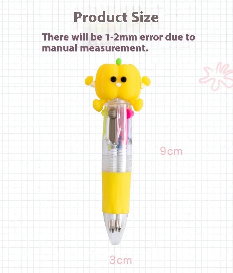Four-colour press ballpoint pen with cartoon design showing cactus, fast food, and fruit vegetable patterns