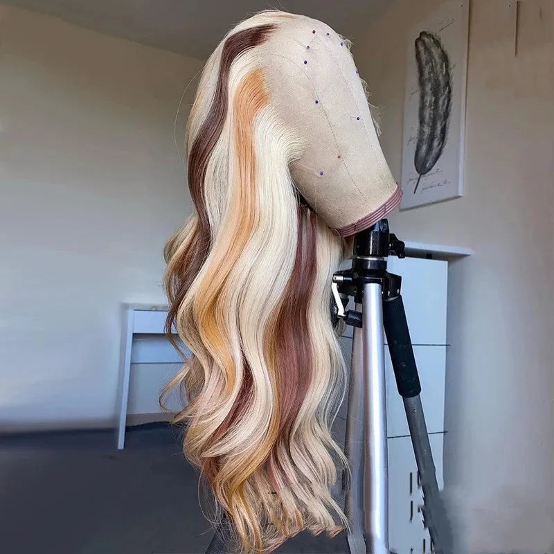 100% human hair body wave lace front wig with blonde highlights and 13X4 lace