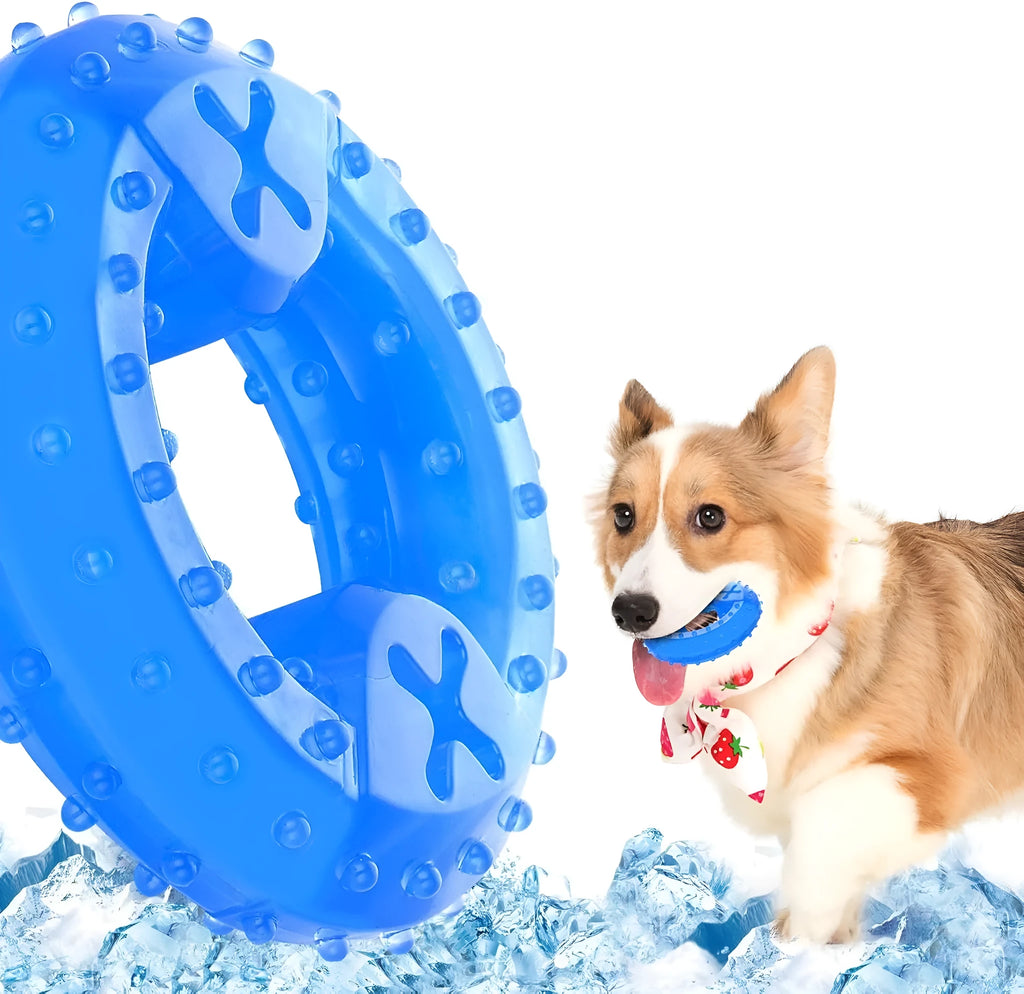 Freezable dog chew toy in bone and circle shapes, non-toxic with cooling water core