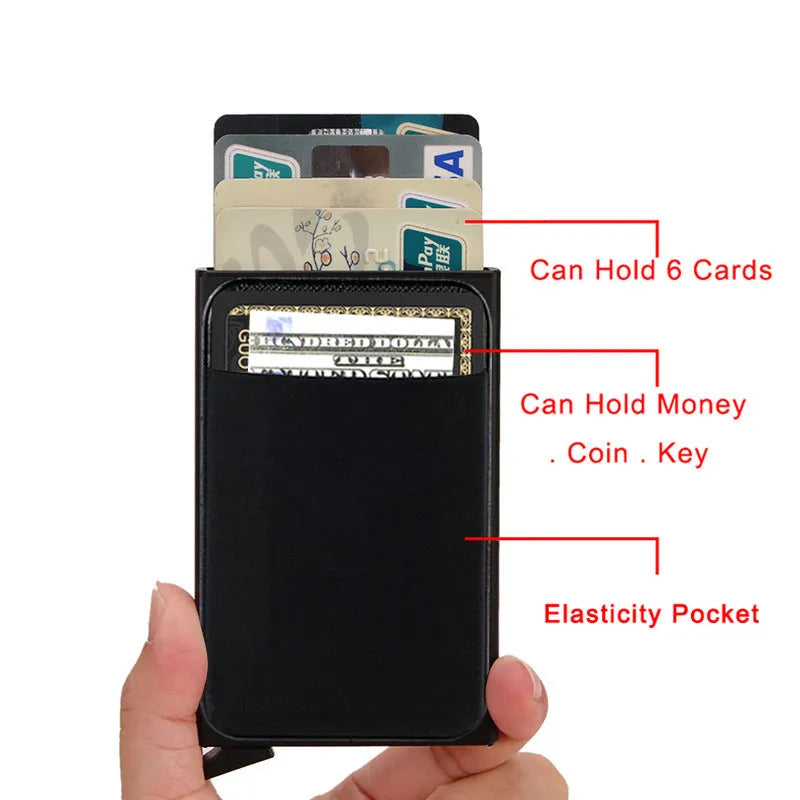 Slim frosted aluminium alloy credit card holder in chosen colour, showing compact size.