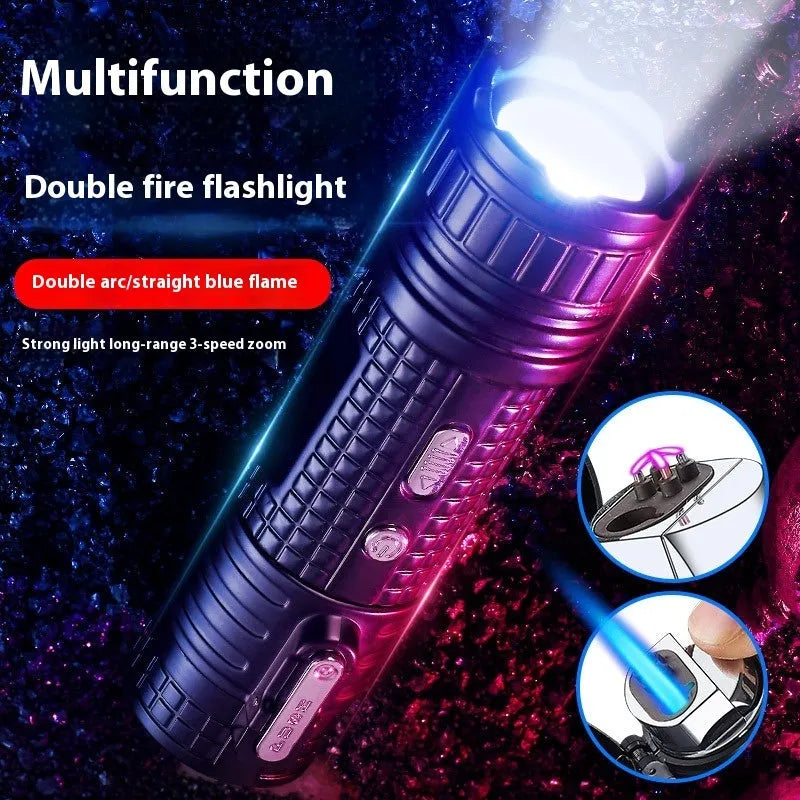 TH727 multifunctional metal flashlight lighter in camouflage, red, black, blue, and yellow colour options
