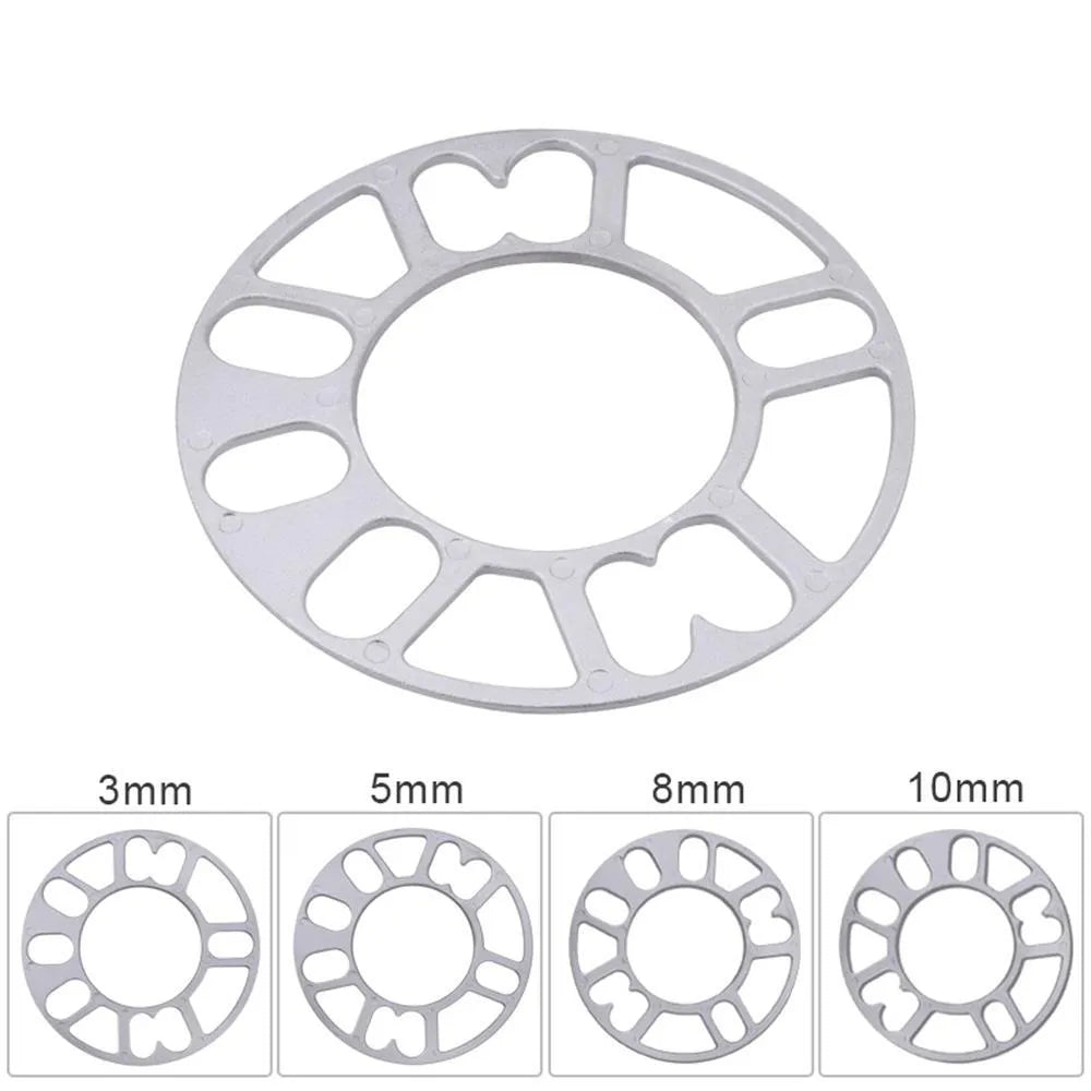 A metal wheel hub widening spacer gasket for automotive use, shown with thickness options.