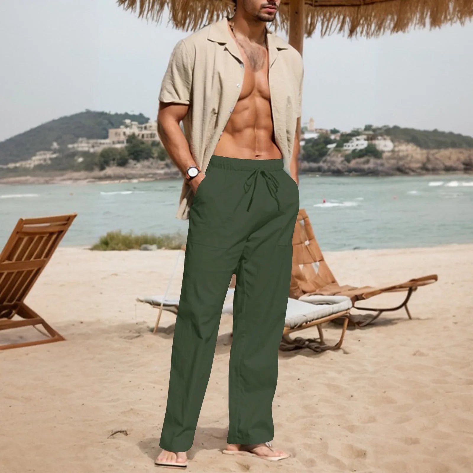 Men's straight-leg cotton linen trousers with drawstring waist in various colours