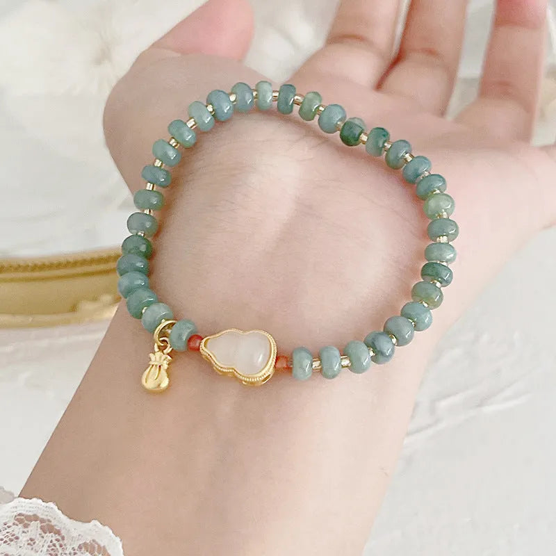 Simple jade gourd bead bracelet with fu character peace buckle in natural blue water colour