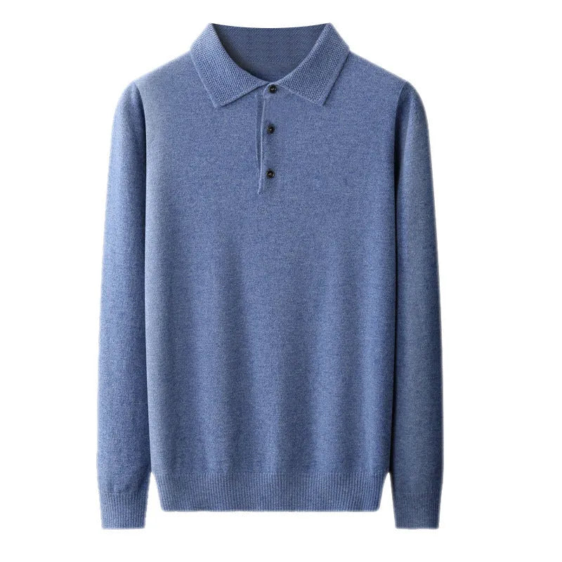 Men's grey woolen polo collar pullover sweater with textured collage stitching on the chest.