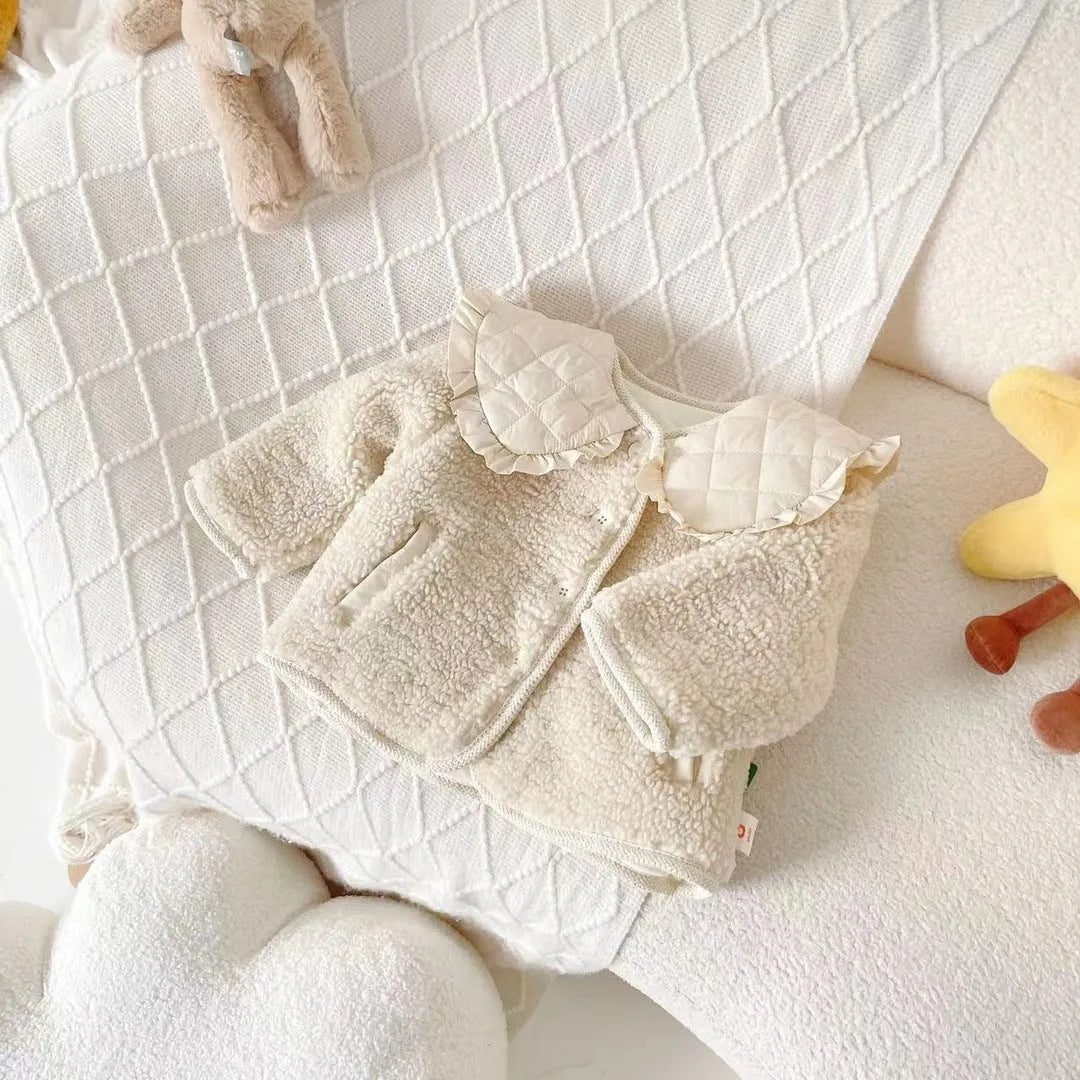 Children's fleece-lined lapel jacket in milky white, single-breasted, thickened, 80-130cm