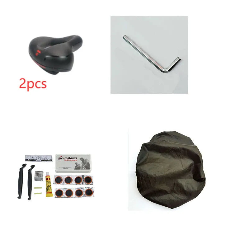 Soft silicone gel bicycle saddle cushion with PU leather cover, wrench, and tyre repair kit