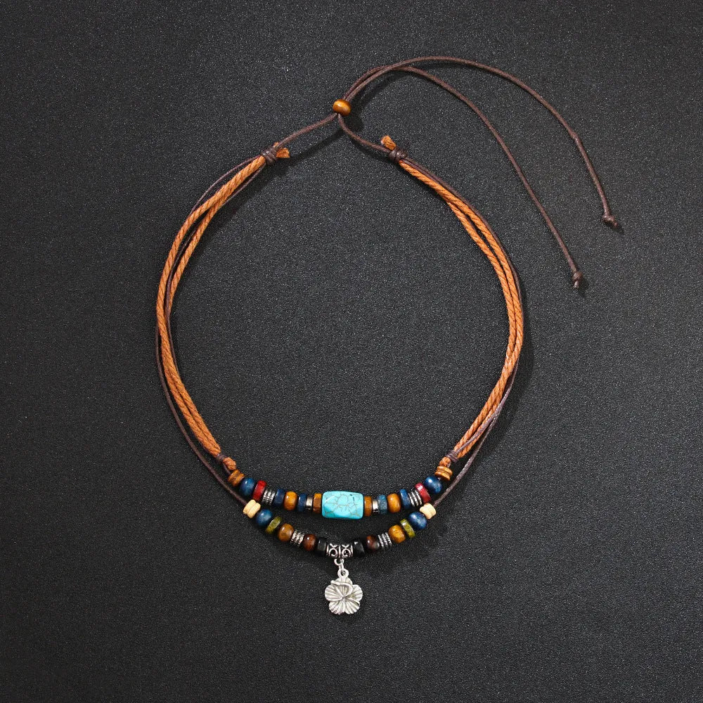Men's geometric alloy pendant necklace with turquoise colour on wax rope chain