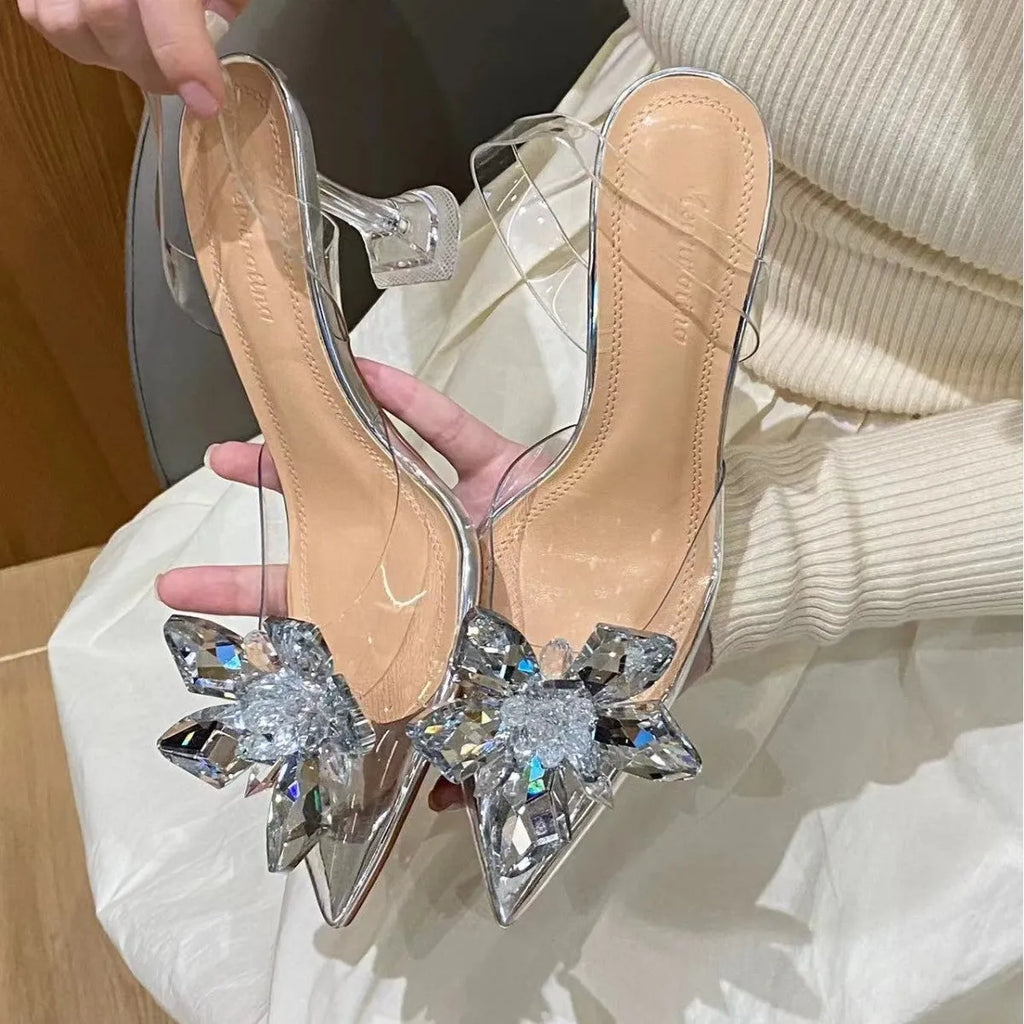 Women's transparent crystal flower high heels with pointed toe in microfiber