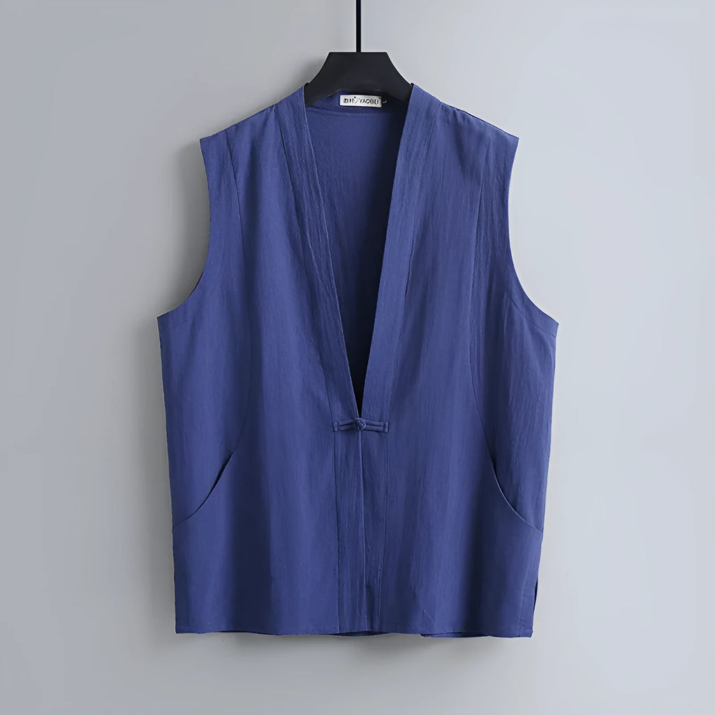 Men's grey linen sleeveless vest with a loose fit on a hanger